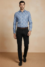 SN320 blue cotton men’s slim fit geometric print shirt walking pose with formal trousers and shoes