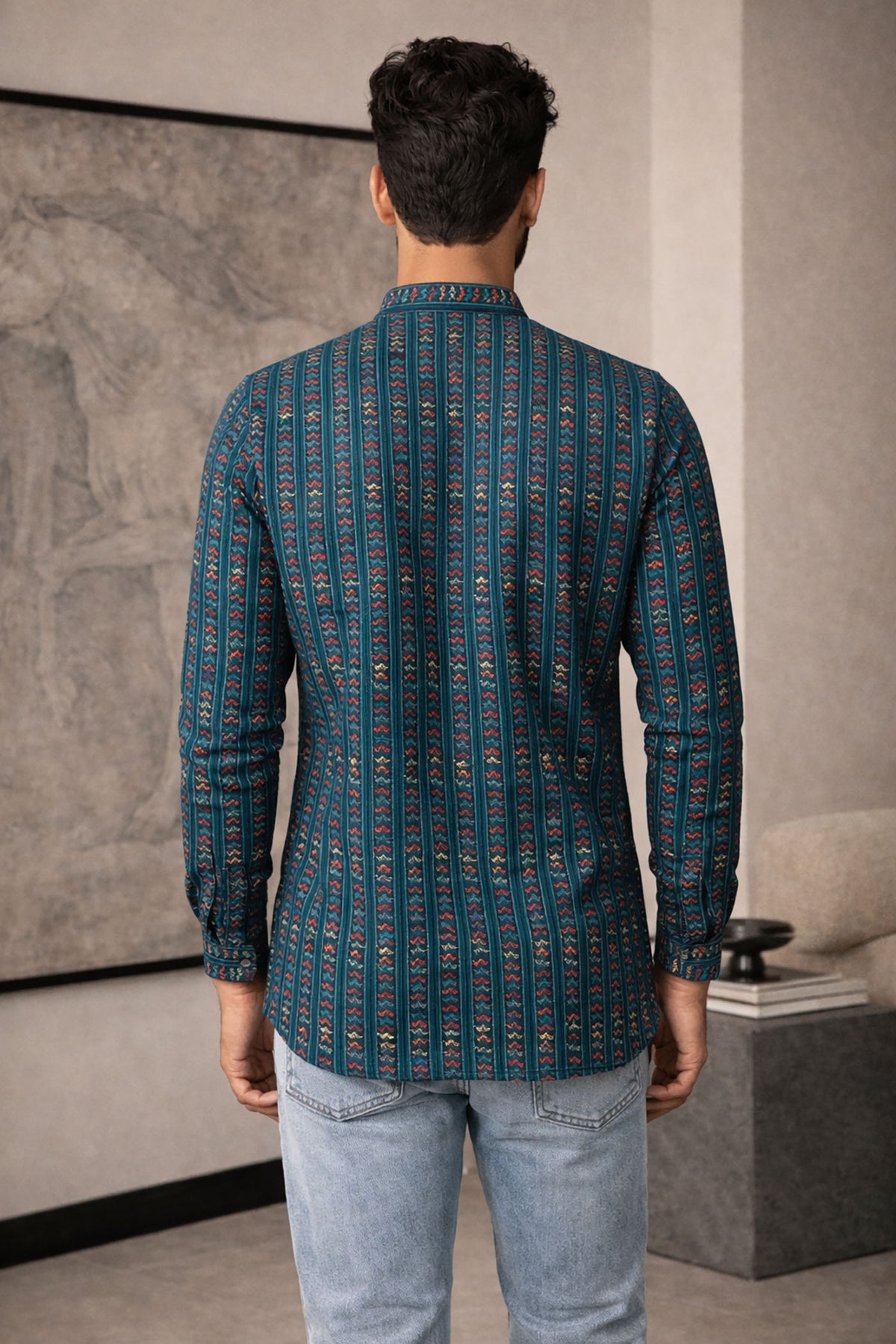 SN324 men’s teal cotton blend mandarin collar shirt full sleeve slim fit back pose showing rear design
