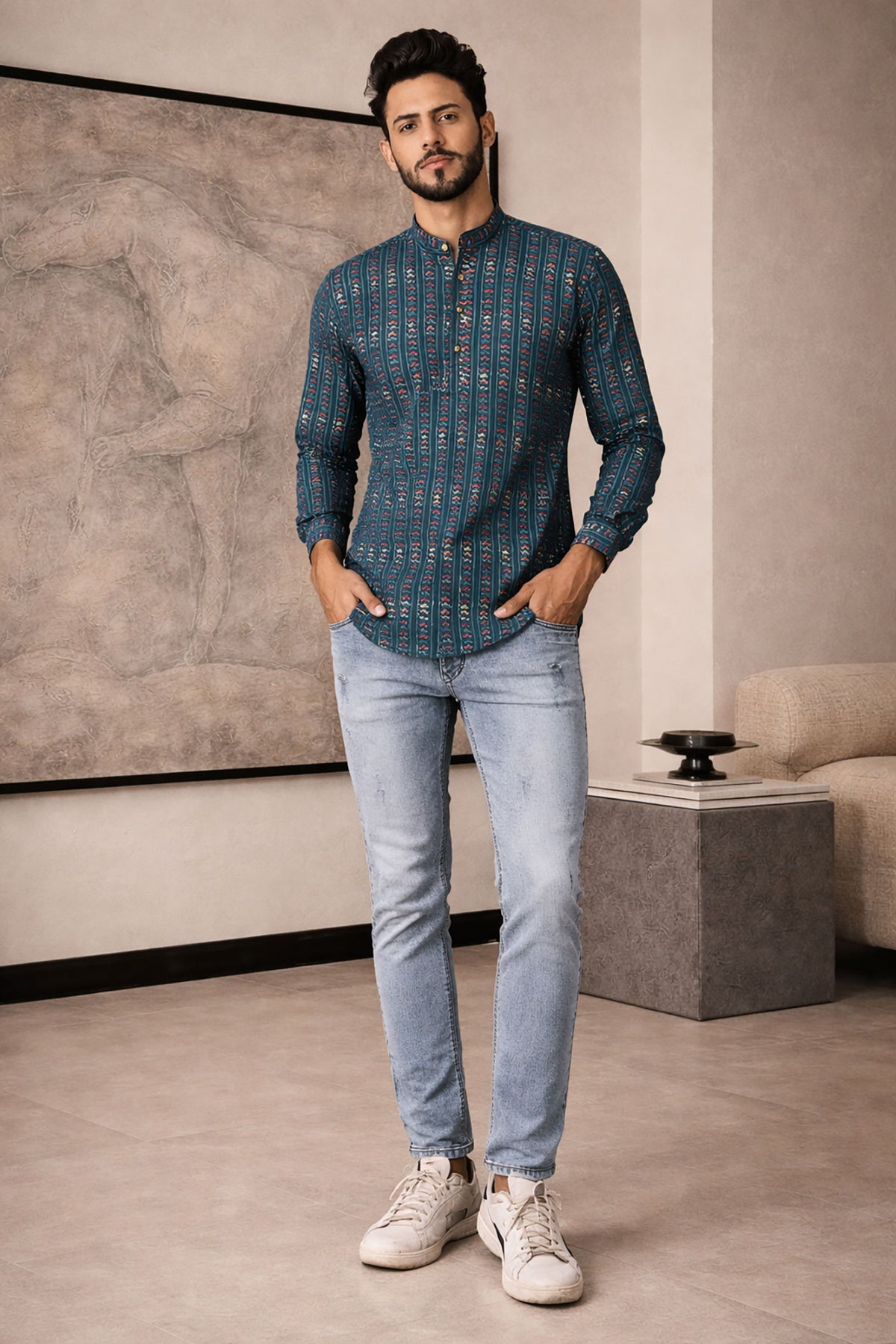 SN324 men’s teal cotton blend mandarin collar shirt with heritage print, full sleeve slim fit front pose