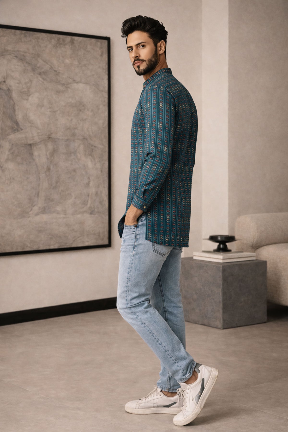 SN324 men’s teal cotton blend mandarin collar shirt full sleeve slim fit side pose showing fit and drape