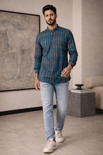 SN324 men’s teal cotton blend mandarin collar shirt slim fit full sleeve walking pose with natural movement