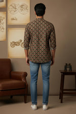 SN325 brown cotton floral print mandarin collar men’s shirt back pose with full sleeves and curved hem