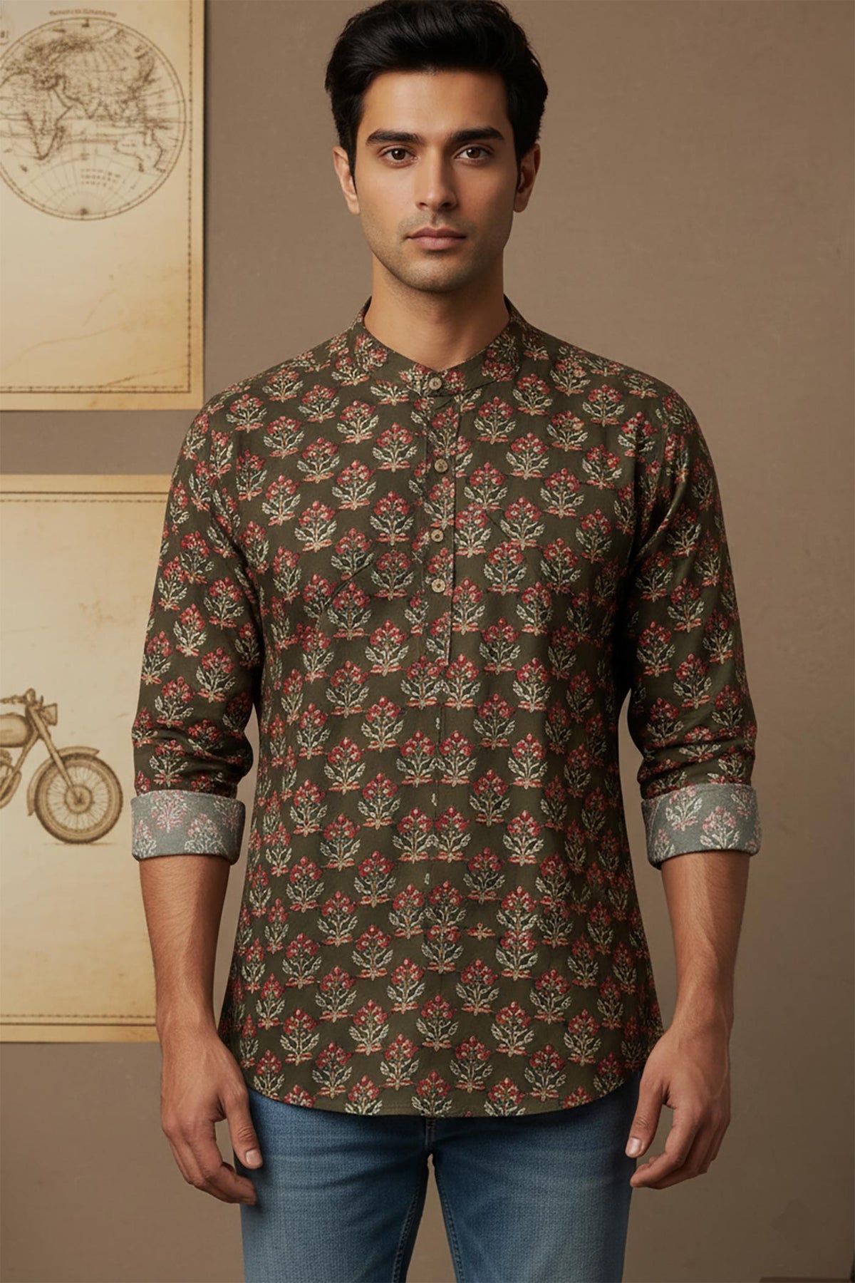 SN325 brown cotton floral print men’s shirt closeup showing mandarin collar and half button placket
