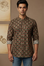 SN325 brown cotton floral print men’s shirt closeup showing mandarin collar and half button placket