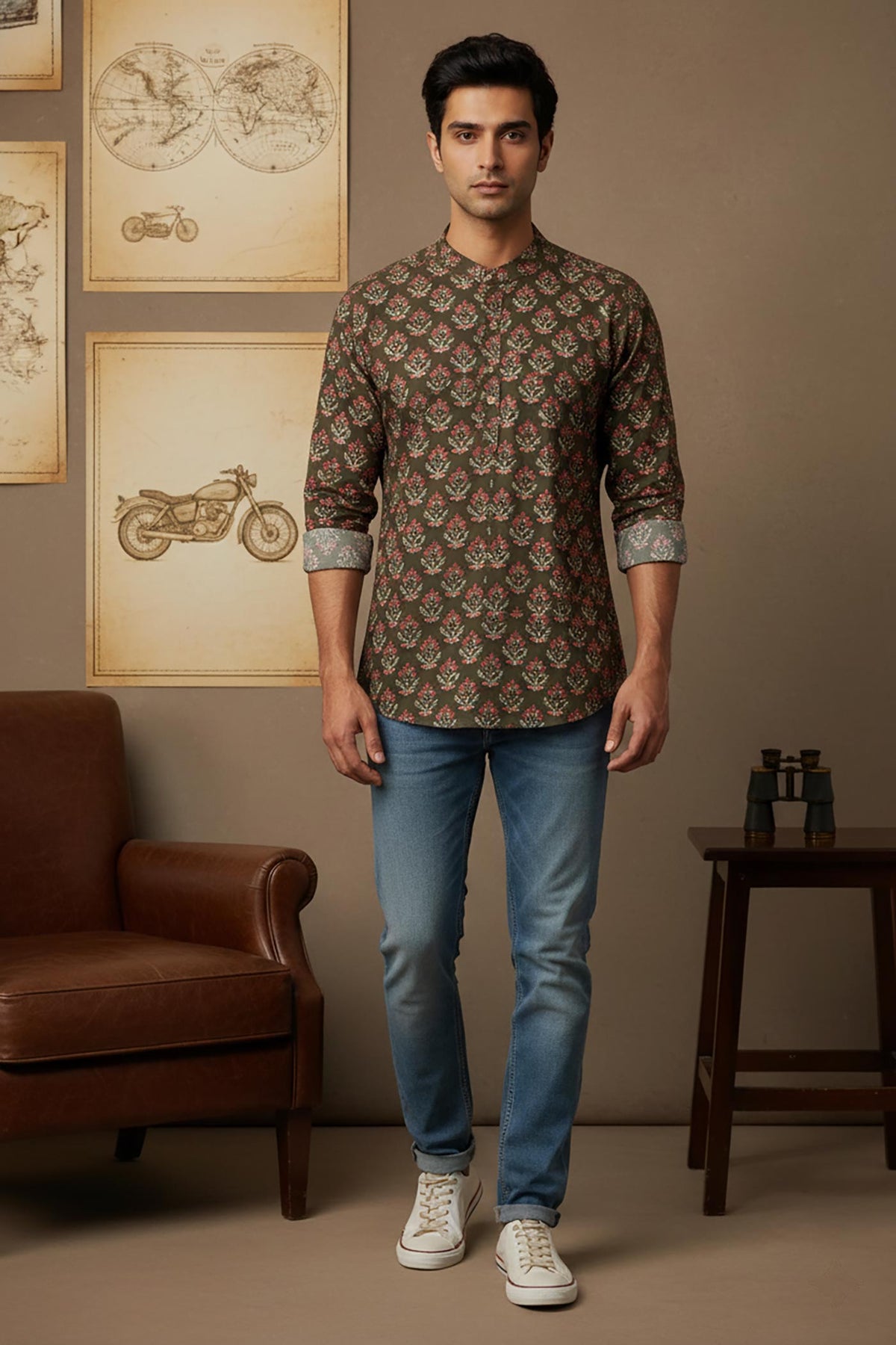 SN325 brown cotton floral print mandarin collar men’s shirt front pose with blue jeans and white sneakers