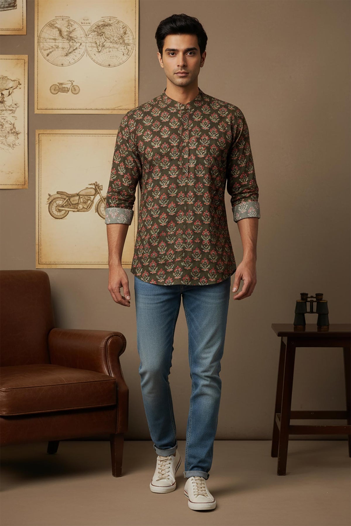 SN325 brown cotton floral print men’s shirt walking pose styled with slim blue jeans and sneakers