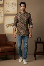 SN325 brown cotton floral print men’s shirt walking pose styled with slim blue jeans and sneakers