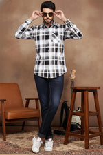 SN326 men’s black white cotton blend check shirt slim fit front pose with dark jeans and white sneakers