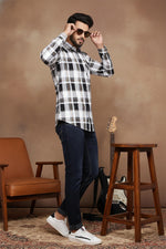 SN326 men’s slim fit black white check cotton blend shirt side pose with casual smart styling