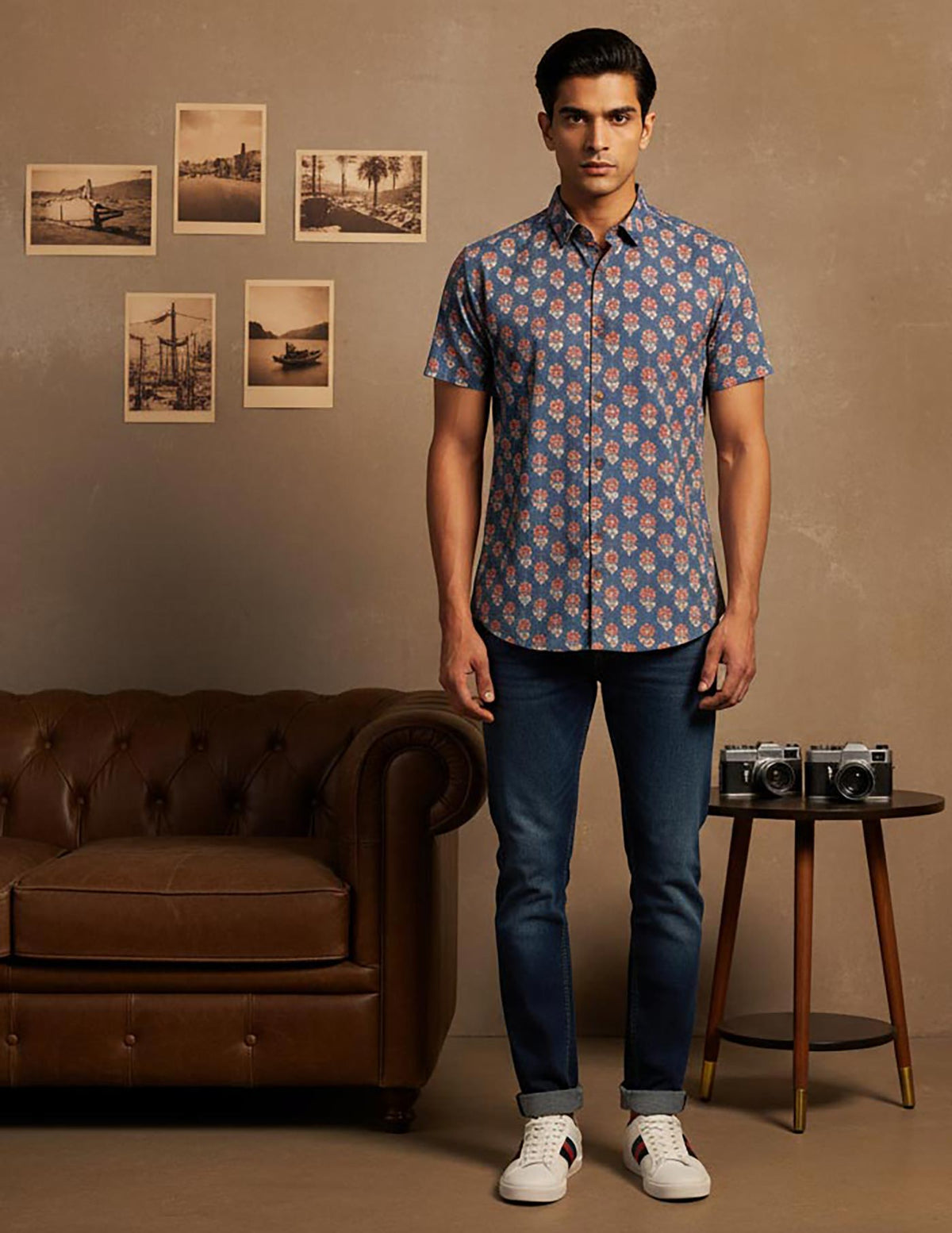 SN326 men’s slate blue cotton floral print short sleeve shirt front pose with dark denim and white sneakers