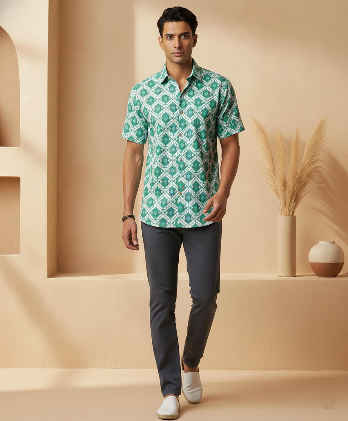 SN328 emerald green cotton geometric printed shirt for men, short sleeve casual walking pose styled with trousers
