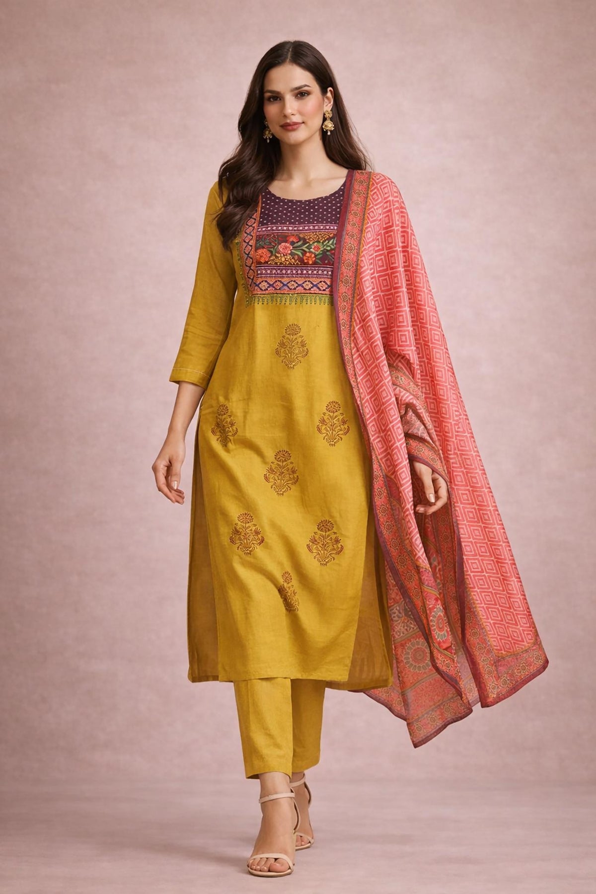 Mustard yellow printed kurta set with dupatta, walking pose front view with beige heels