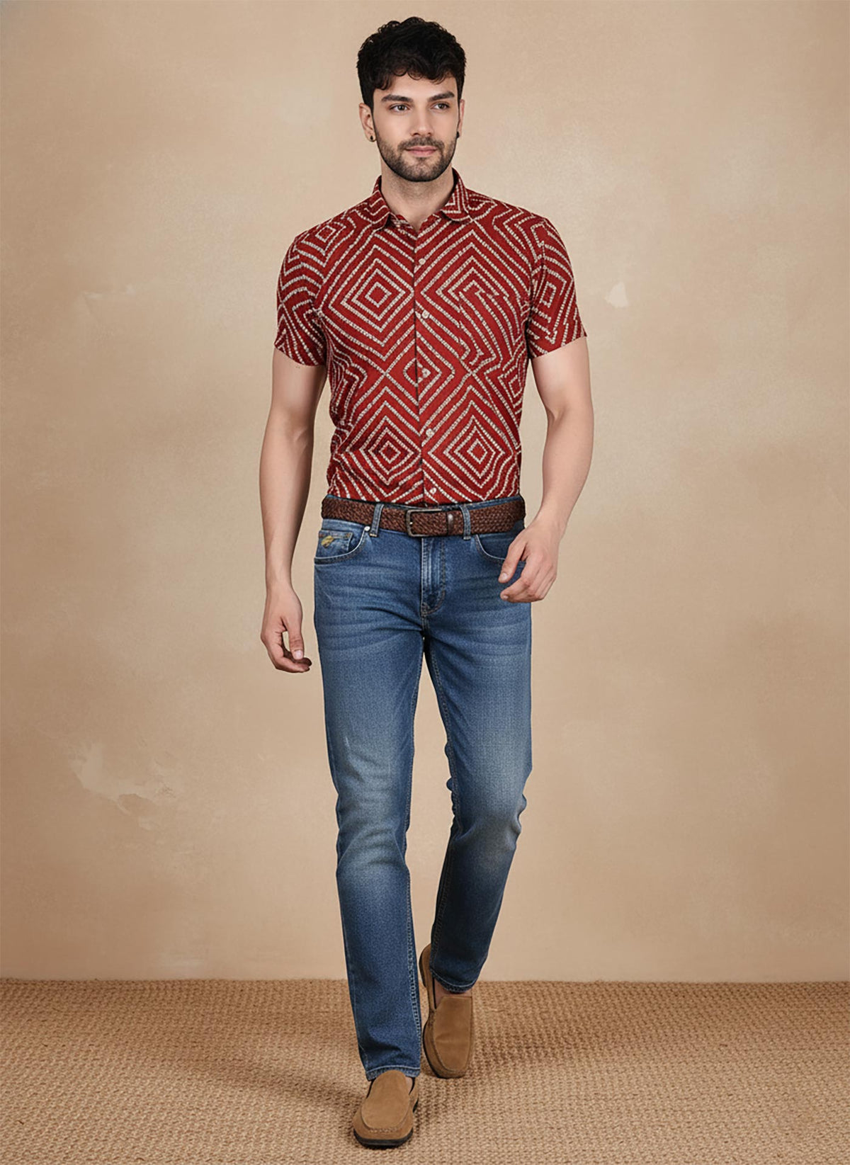 SN330 men’s rust red cotton blend geometric print shirt walking pose styled with blue denim jeans