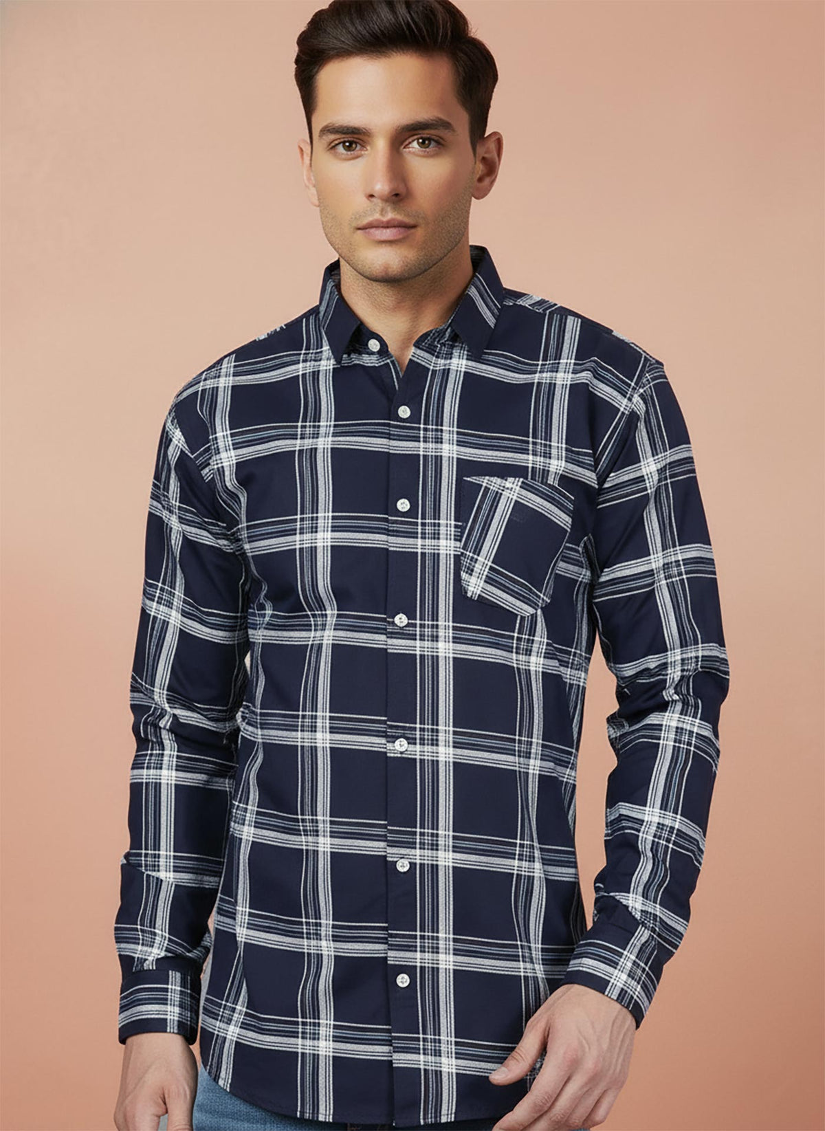 SN331 men's navy cotton plaid shirt close-up showing grid pattern and chest pocket detail