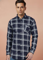 SN331 men's navy cotton plaid shirt close-up showing grid pattern and chest pocket detail