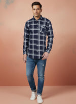 SN331 men's navy cotton plaid shirt slim fit long sleeve front view with grid pattern