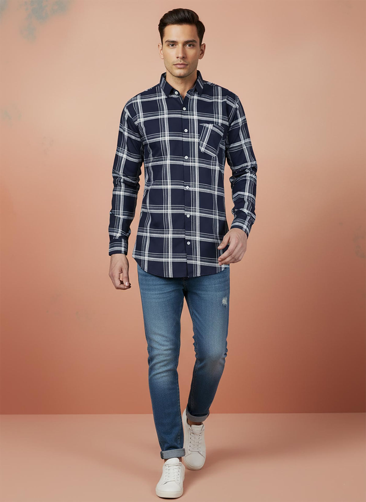 SN331 men's navy cotton plaid shirt slim fit long sleeve walking pose casual styling
