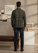 SN332 men’s olive black plaid slim fit cotton blend shirt back pose with full sleeve design