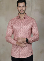 SN334 dusty rose geometric print long sleeve men’s shirt closeup with spread collar and button front