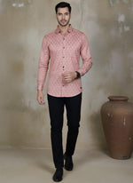 SN334 dusty rose geometric print slim fit men’s shirt walking pose with black trousers and formal shoes