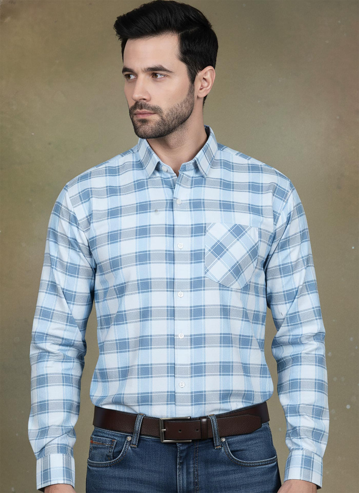 SN336 men’s light blue cotton checkered shirt closeup showing button-down collar and pocket detail.