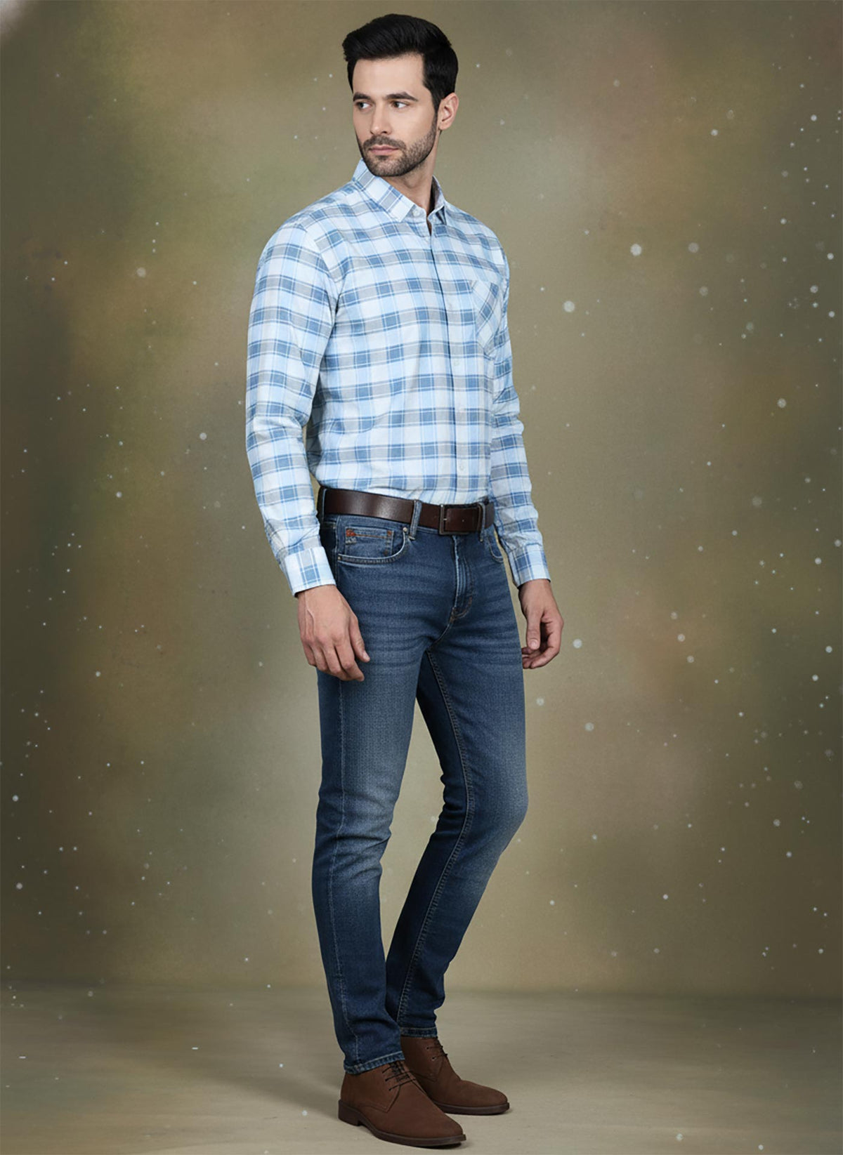 SN336 men’s light blue cotton checkered shirt side pose with tailored fit and full sleeves.