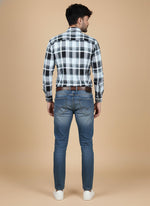 SN337 men’s ice blue and black cotton plaid shirt, slim fit, long sleeves back pose view.
