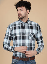 SN337 men’s ice blue and black cotton plaid shirt, long sleeve, point collar with diagonal pocket closeup view.