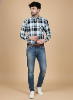 SN337 men’s ice blue and black cotton plaid shirt, slim fit, long sleeve, point collar front pose styled with denim.