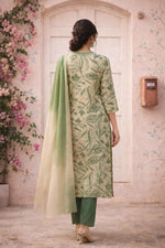 Back view of sage botanical kurta set with straight pants and flowing ombre dupatta.
