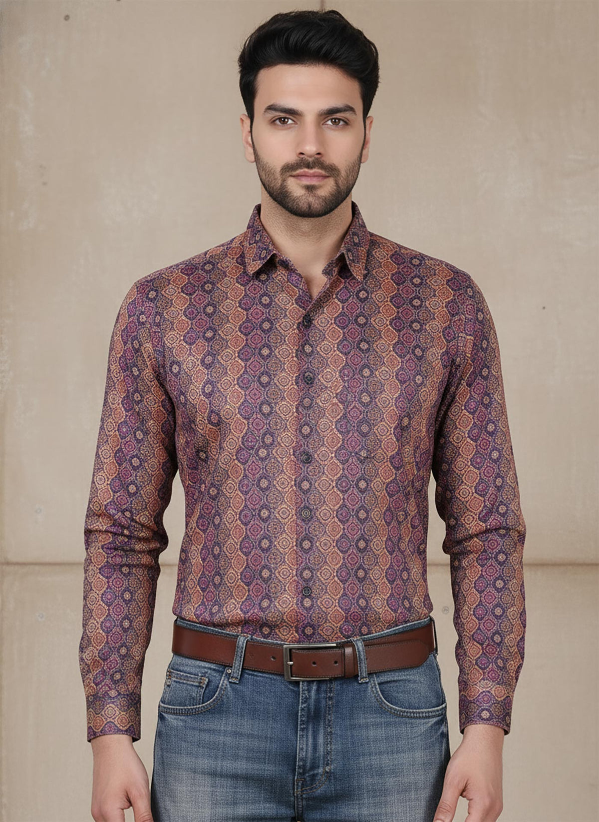 SN341 men’s plum cotton blend geometric print shirt closeup showing long sleeves and classic spread collar