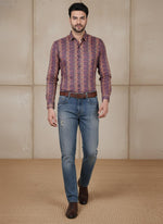 SN341 men’s plum cotton blend geometric print long sleeve shirt styled casually – walking pose