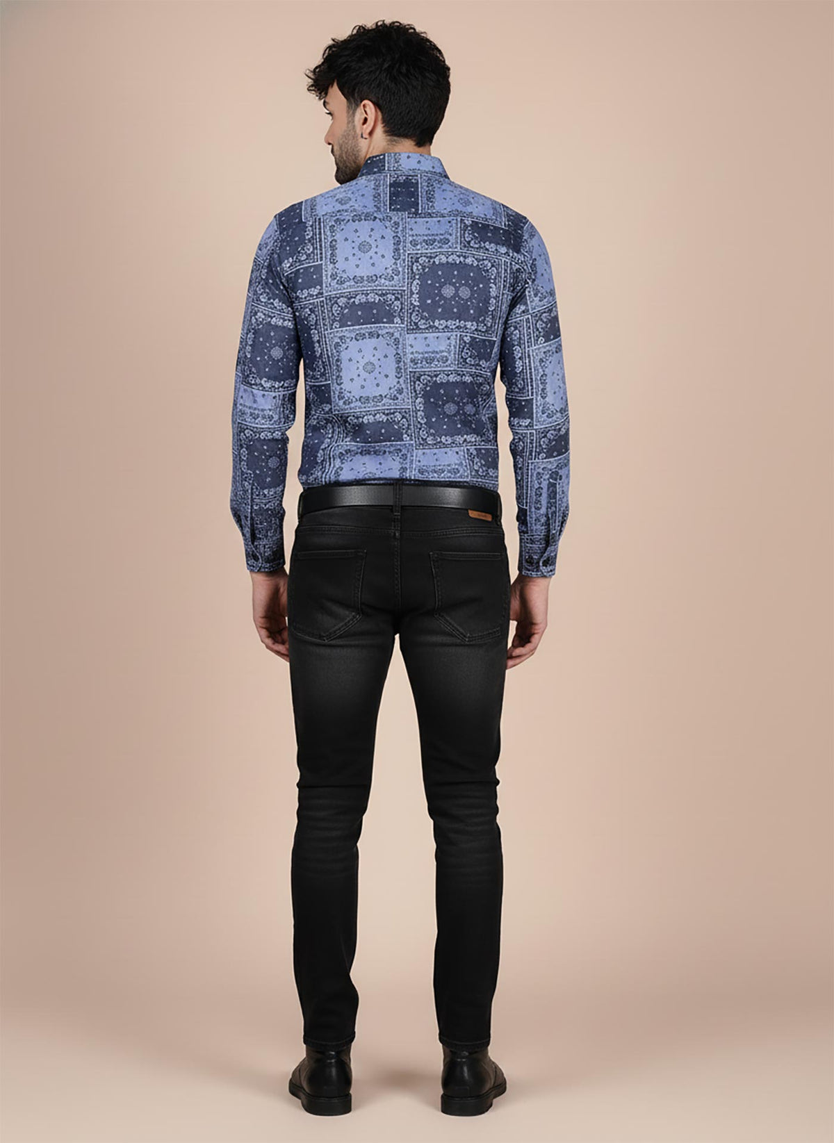 SN343 men’s indigo cotton blend long sleeve bandana print shirt back pose showing full pattern coverage