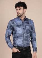 SN343 men’s indigo cotton blend long sleeve shirt closeup showing bandana print, button placket and point collar