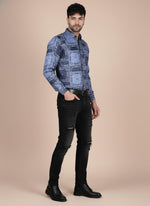 SN343 men’s indigo cotton blend long sleeve bandana print shirt side pose with tailored slim fit styling