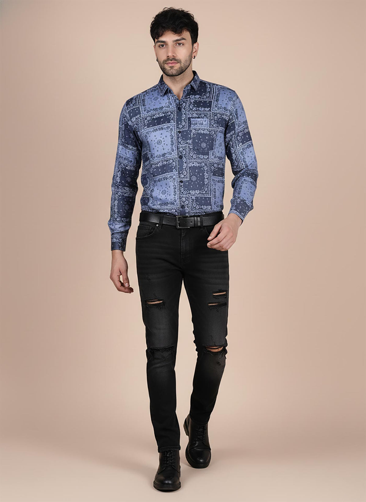 SN343 men’s indigo cotton blend long sleeve bandana print shirt walking pose styled with black denim and boots