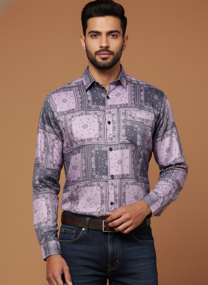 SN344 men’s lavender cotton blend shirt with bandana patchwork print, long sleeve closeup detail view