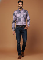 SN344 men’s lavender cotton blend shirt with bandana patchwork print, long sleeve walking pose styling