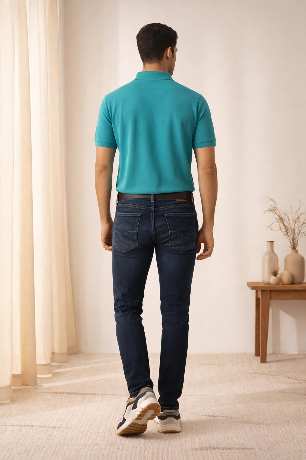 SN345 men’s turquoise cotton piqué polo t-shirt back pose, short sleeve, clean rear design, slim silhouette fit