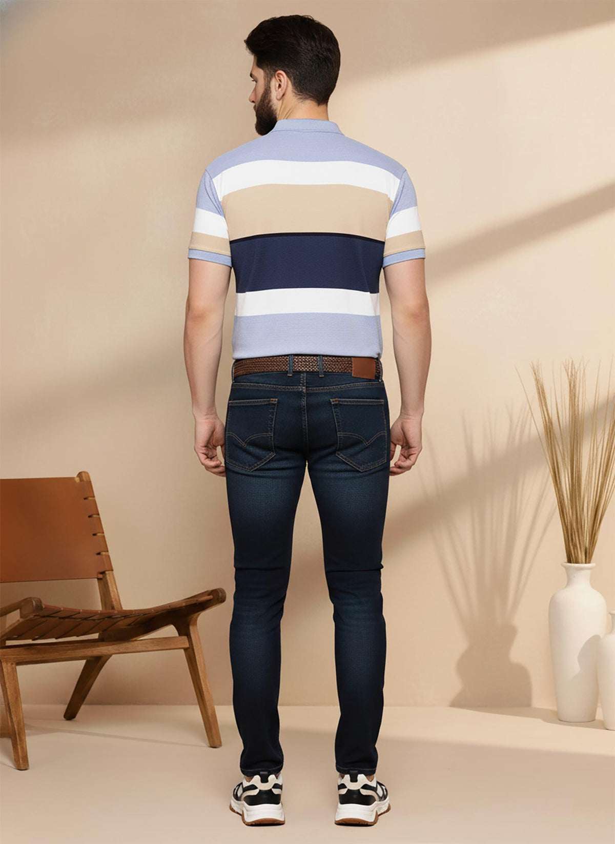 SN346 men’s cotton pique striped polo shirt back view, short sleeve slim fit in beige navy sky blue