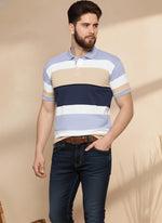 SN346 men’s cotton pique striped polo shirt closeup view showing short sleeves, collar and horizontal stripe detail