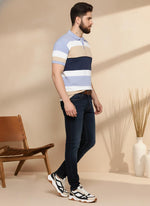 SN346 men’s cotton pique striped polo shirt side view, slim fit short sleeve design in beige navy sky blue