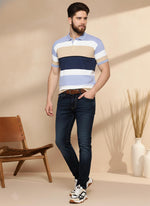 SN346 men’s striped cotton pique polo shirt walking pose, slim fit short sleeve style paired with denim