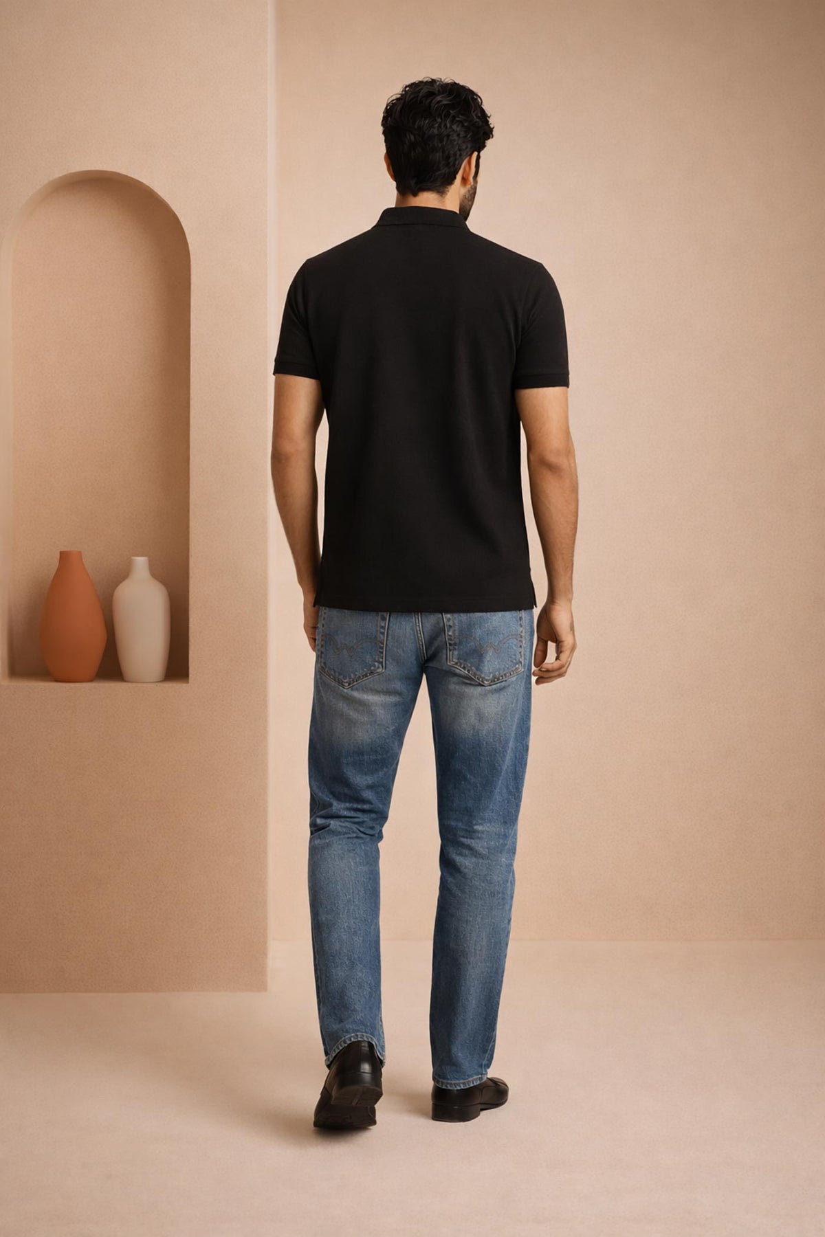 SN347 black cotton piqué polo T-shirt for men back pose showing clean rear design