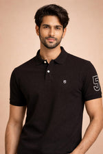 SN347 black cotton piqué polo T-shirt for men closeup showing collar, buttons and chest logo