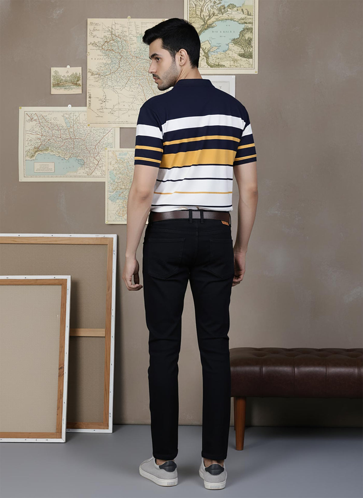 SN348 men’s white navy striped cotton pique polo shirt, short sleeve with collar, back pose view.