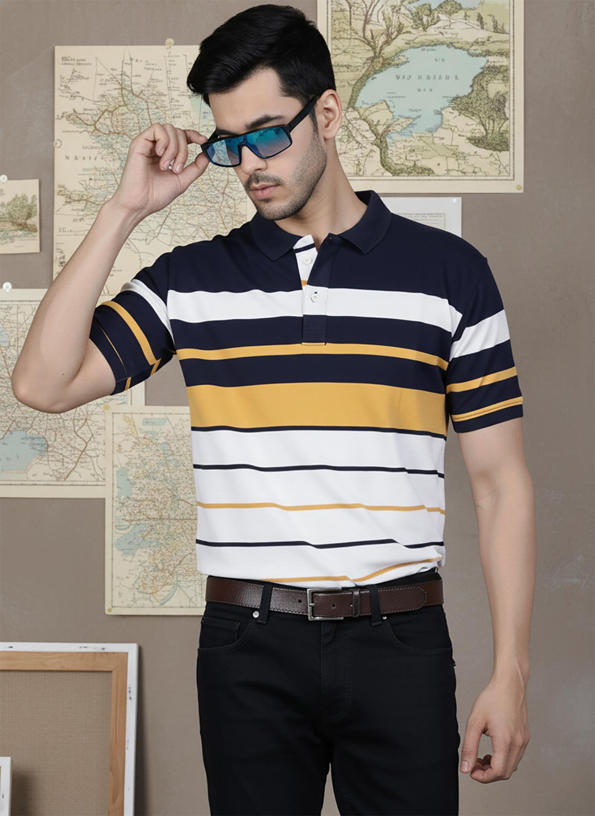 SN348 men’s white navy mustard striped cotton pique polo, short sleeve with button placket, closeup pose.