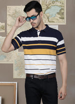 SN348 men’s white navy mustard striped cotton pique polo, short sleeve with button placket, closeup pose.
