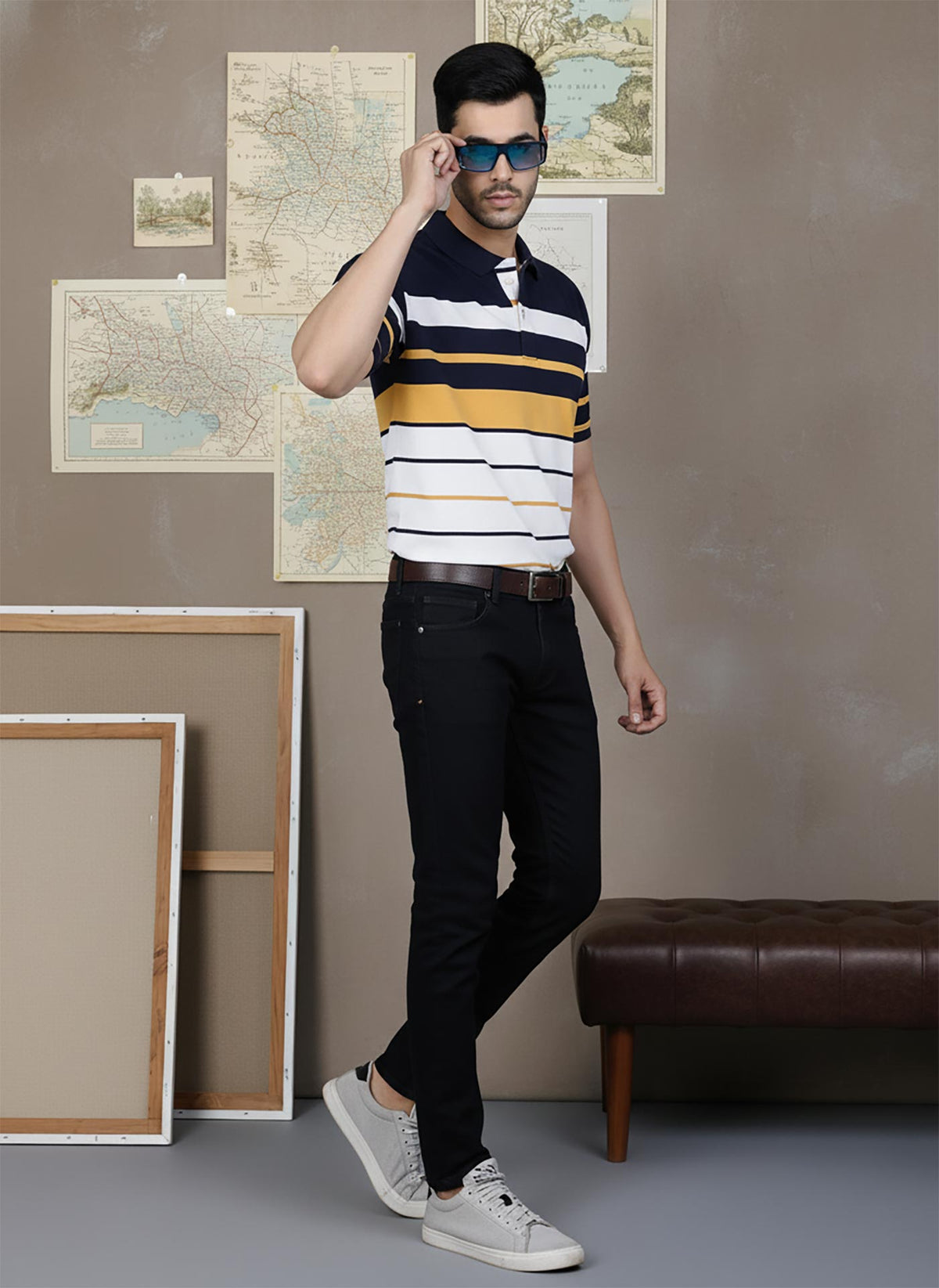 SN348 men’s striped cotton pique polo shirt in white and navy, short sleeve, side pose view.