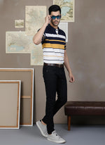 SN348 men’s striped cotton pique polo shirt in white and navy, short sleeve, side pose view.